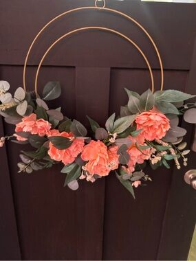 Coral Peony Hoop Wreath with Greenery